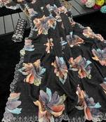 black silk blend digital printed saree with swarovski diamond work & blouse piece