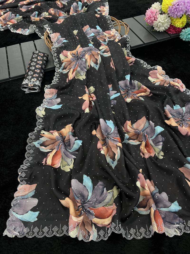 black silk blend digital printed saree with swarovski diamond work & blouse piece
