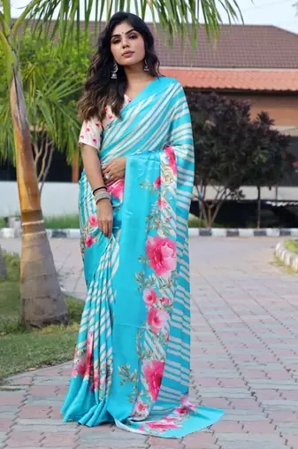 Multicolor original japan devsena satin saree japan satin digital print blouse