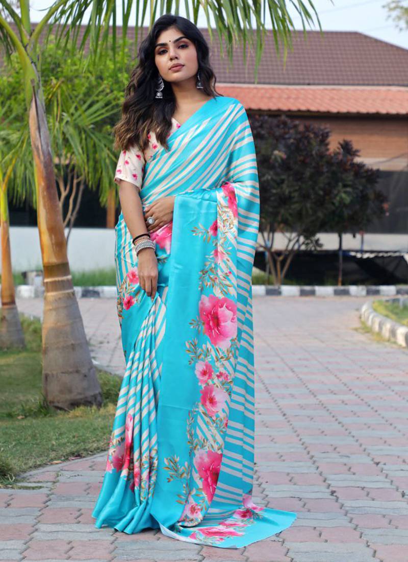 Multicolor original japan devsena satin saree japan satin digital print blouse