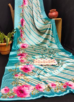 Multicolor original japan satin saree with digital print blouse 3