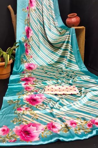 Multicolor original japan satin saree with digital print blouse