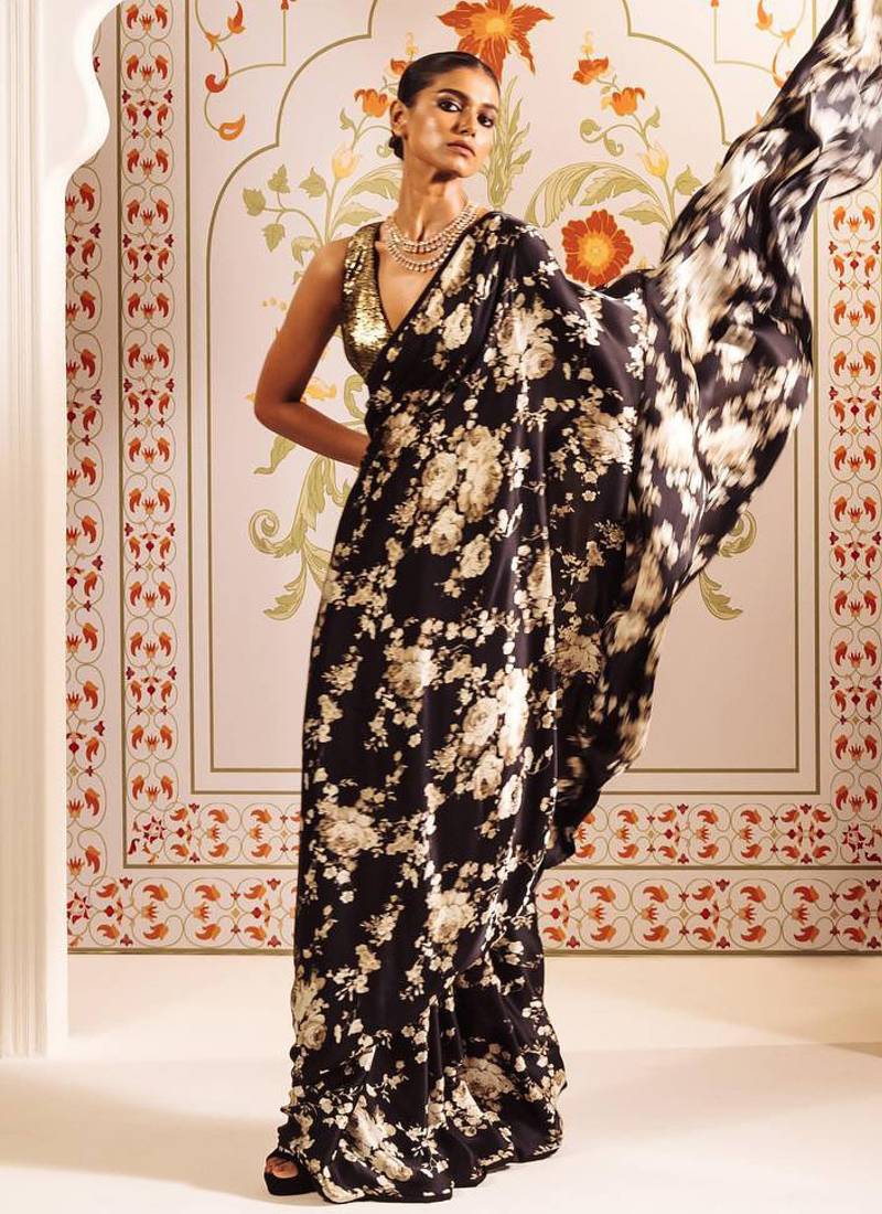 Black original japan devsena satin saree japan satin digital print blouse