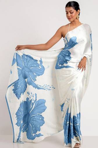 Aqua blue original japan devsena satin saree japan satin digital print blouse