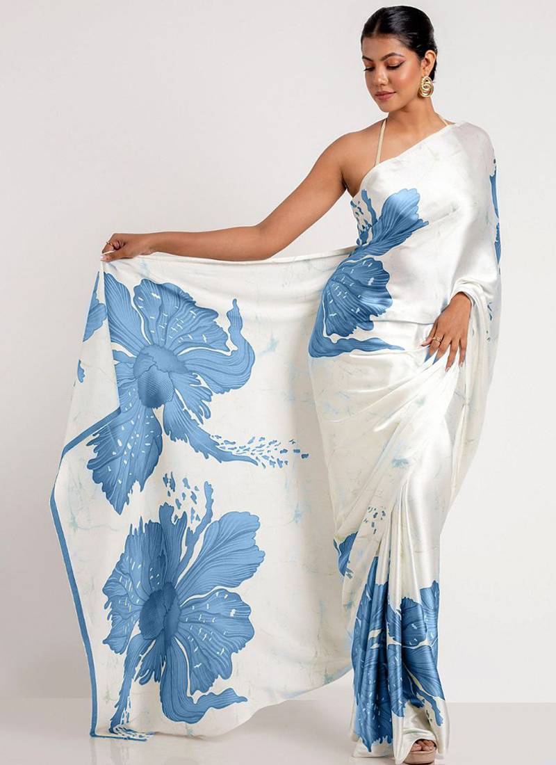 Aqua blue original japan devsena satin saree japan satin digital print blouse