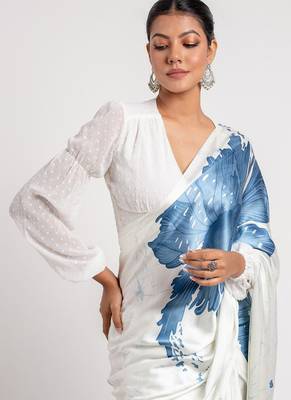 Aqua blue original japan satin saree with digital print blouse 2