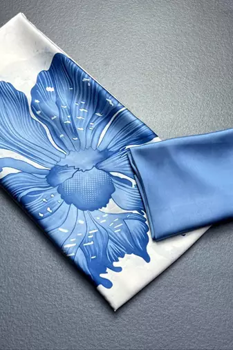 Aqua blue original japan satin saree with digital print blouse