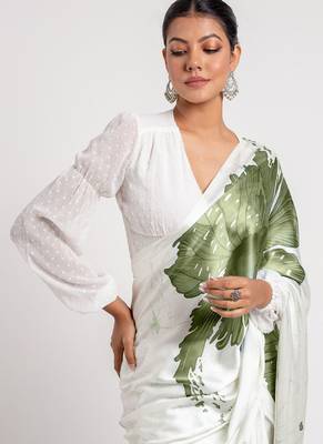 Olive original japan satin saree with digital print blouse 2