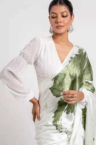 Olive original japan satin saree with digital print blouse