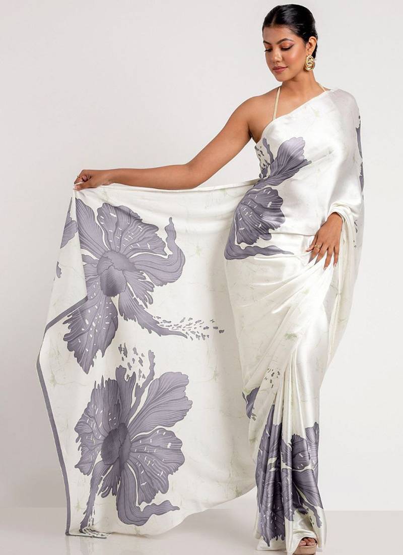Grey original japan devsena satin saree japan satin digital print blouse