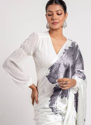 Grey original japan satin saree with digital print blouse 2