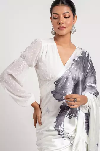 Grey original japan satin saree with digital print blouse