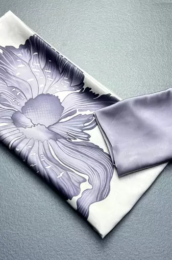 Grey original japan satin saree with digital print blouse