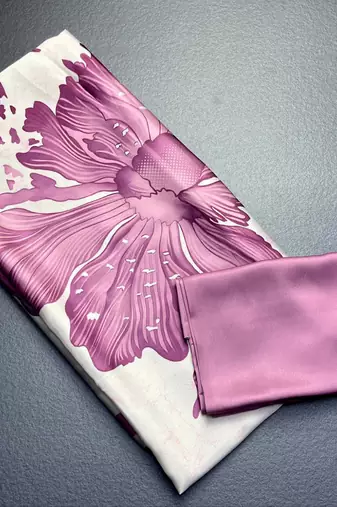Onion pink original japan satin saree with digital print blouse