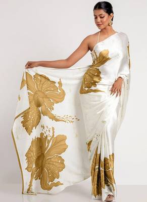 Mustard original japan satin saree with digital print blouse 1