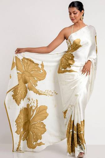 Mustard original japan devsena satin saree japan satin digital print blouse