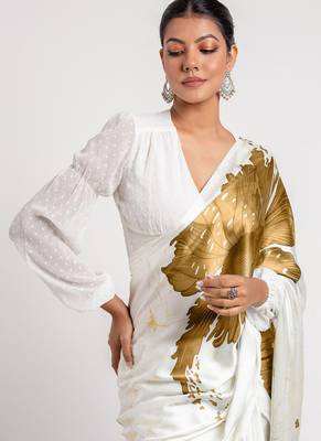 Mustard original japan satin saree with digital print blouse 2