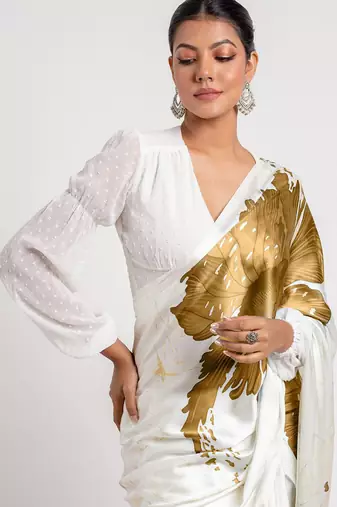 Mustard original japan satin saree with digital print blouse