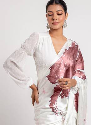 Brown original japan satin saree with digital print blouse 2
