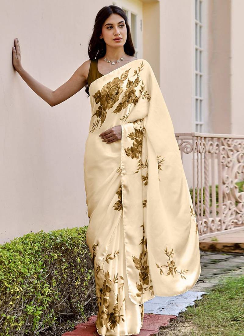 Cream original japan devsena satin saree japan satin digital print blouse
