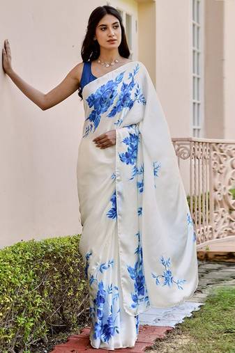 White original japan devsena satin saree japan satin digital print blouse