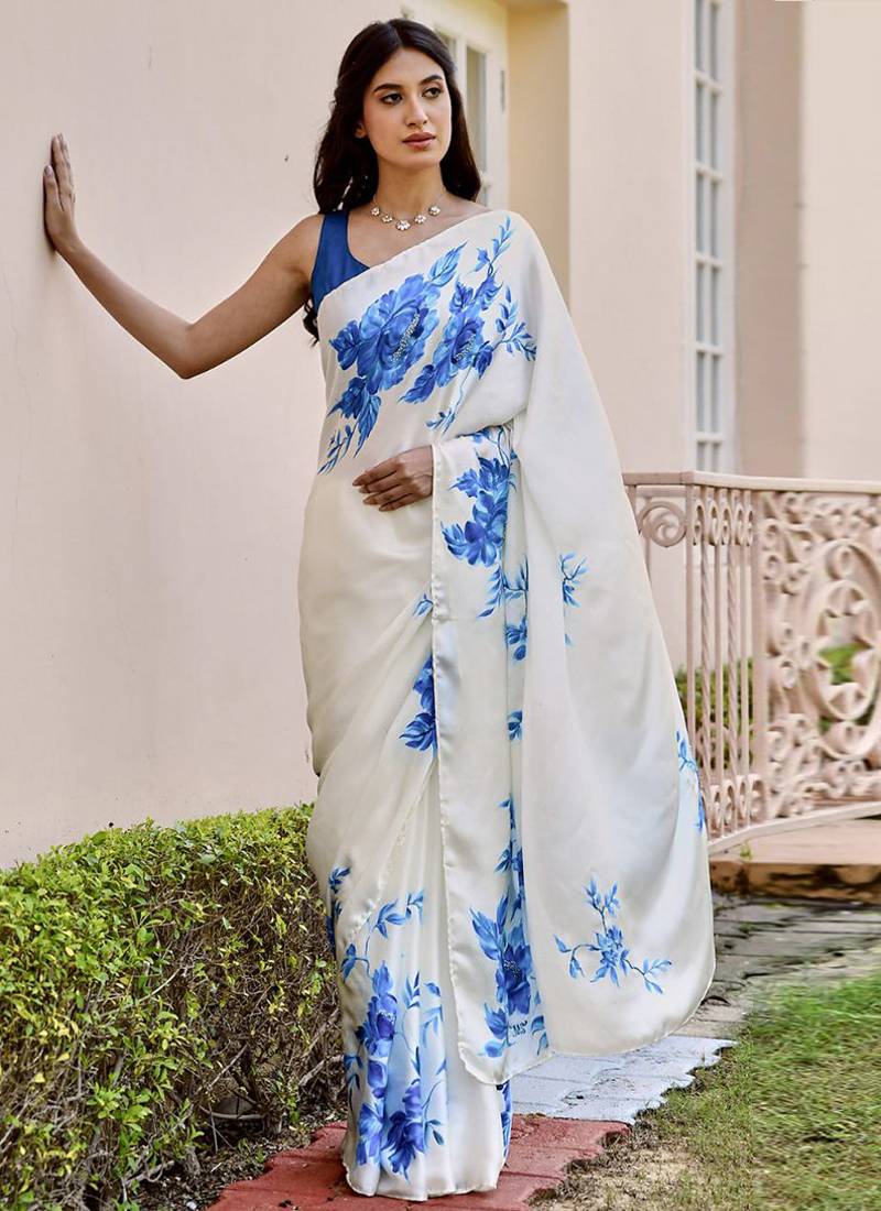 White original japan devsena satin saree japan satin digital print blouse