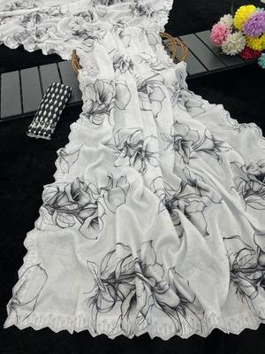 white silk blend digital printed saree with swarovski diamond work & blouse piece 1