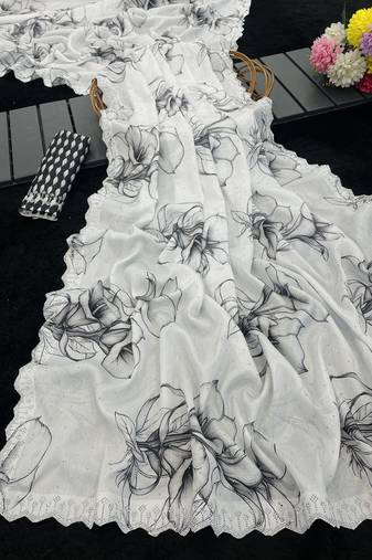 white silk blend digital printed saree with swarovski diamond work & blouse piece