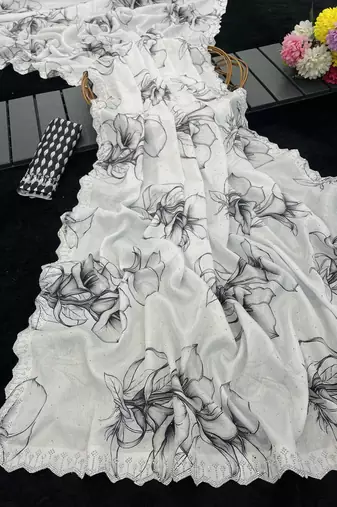 white silk blend digital printed saree with swarovski diamond work & blouse piece