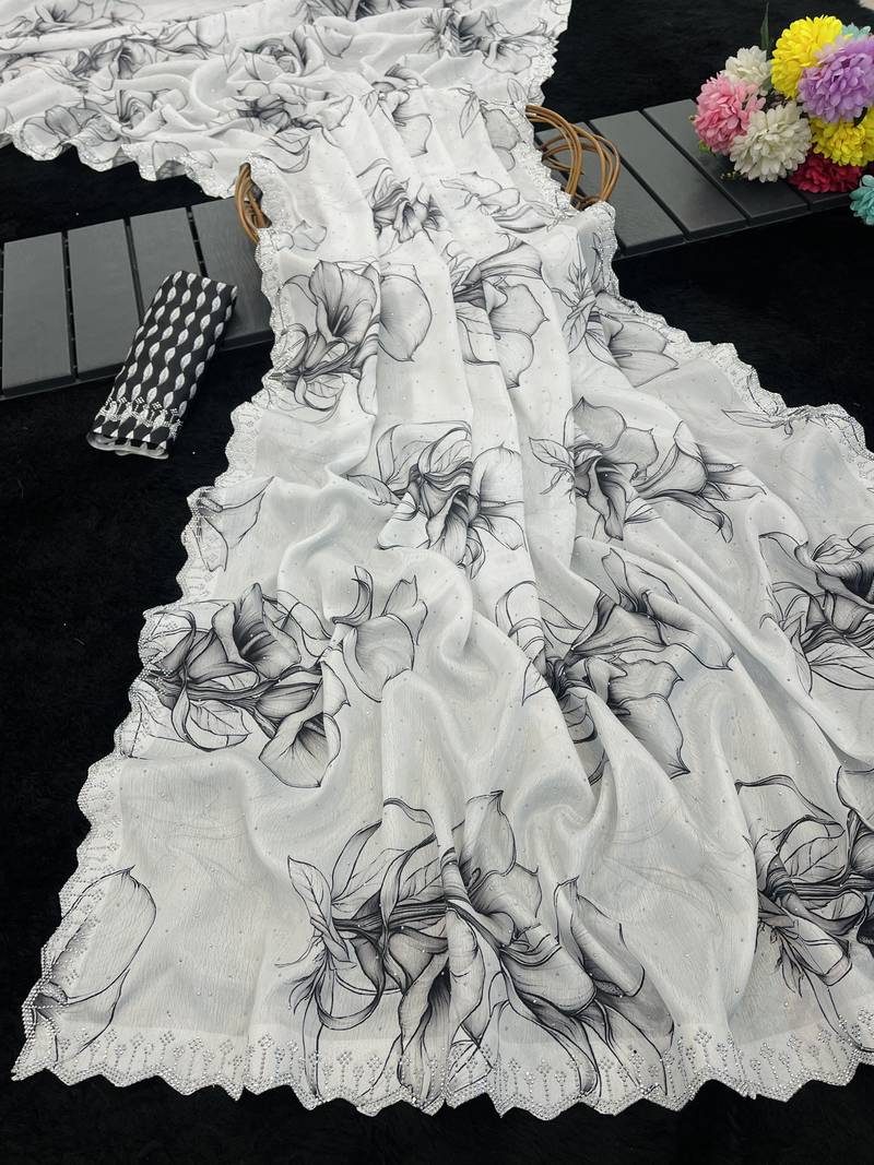 white silk blend digital printed saree with swarovski diamond work & blouse piece