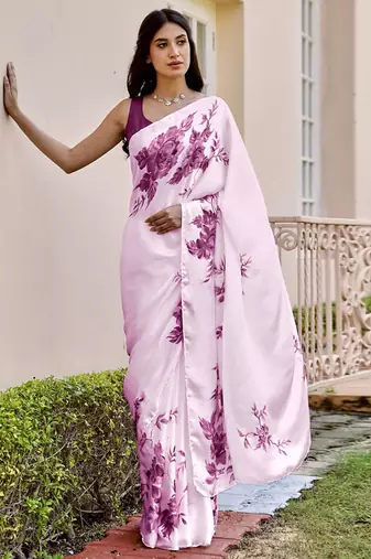 Baby pink original japan devsena satin saree japan satin digital print blouse