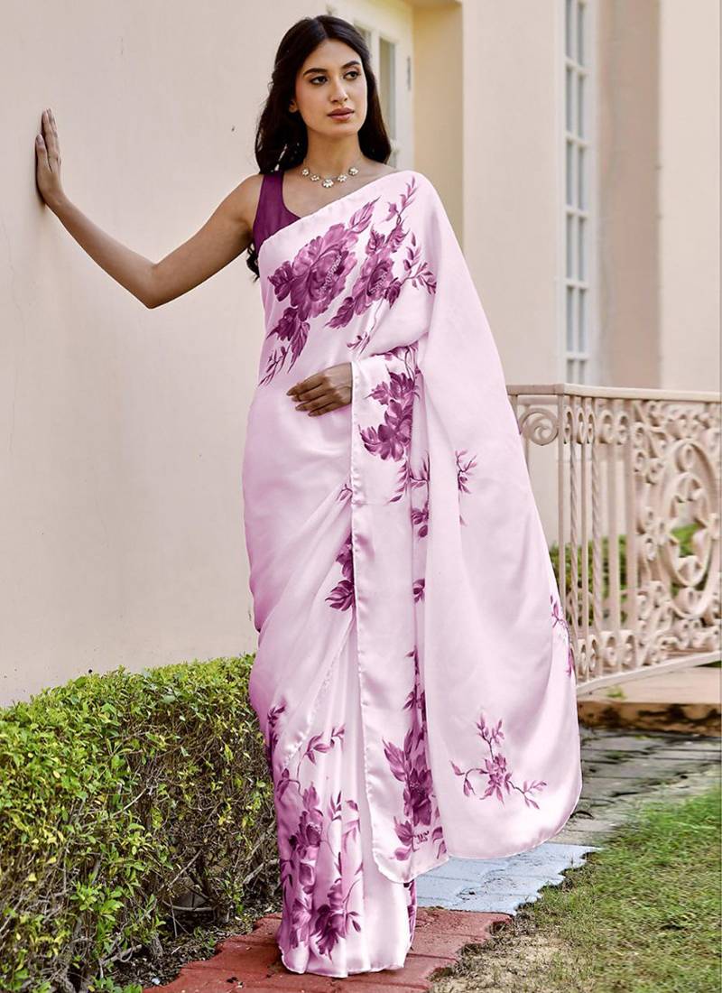 Baby pink original japan devsena satin saree japan satin digital print blouse