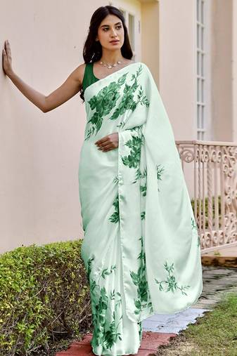 Sea green original japan devsena satin saree japan satin digital print blouse