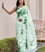 Sea green original japan devsena satin saree japan satin digital print blouse