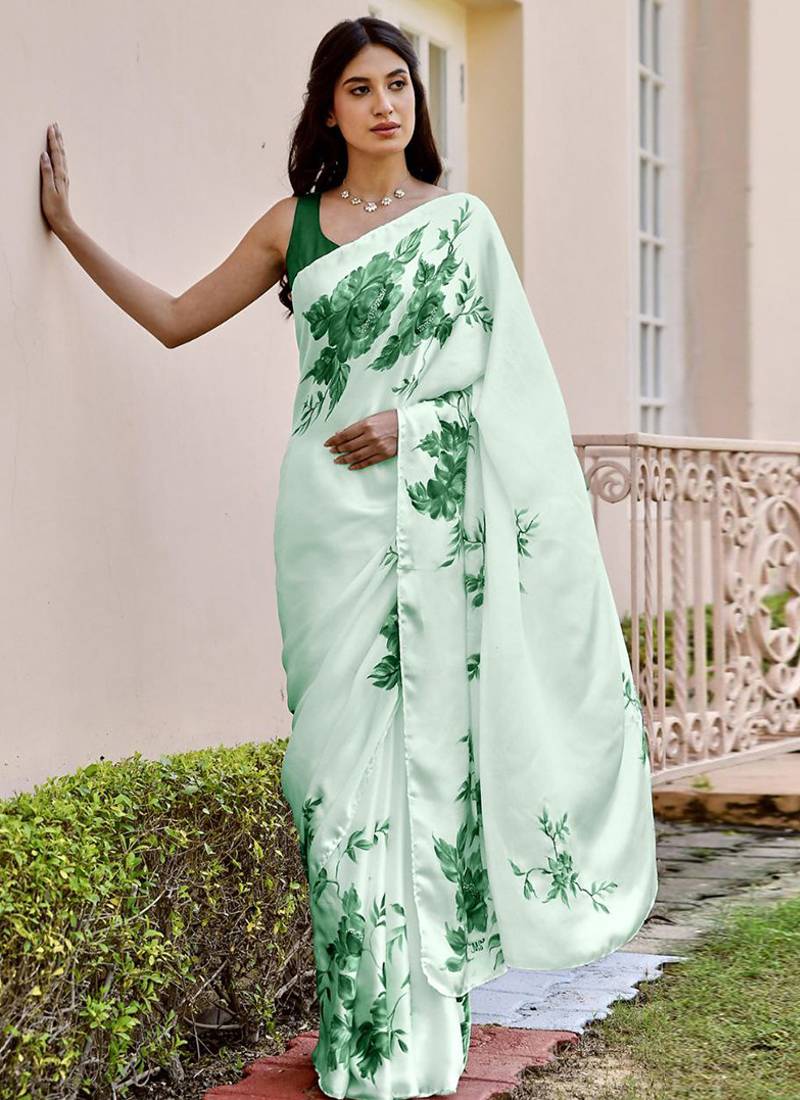Sea green original japan devsena satin saree japan satin digital print blouse