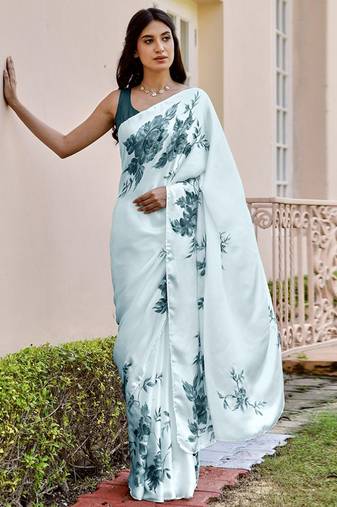 Aqua blue original japan devsena satin saree japan satin digital print blouse