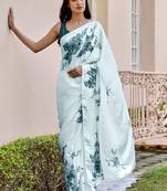 Aqua blue original japan devsena satin saree japan satin digital print blouse