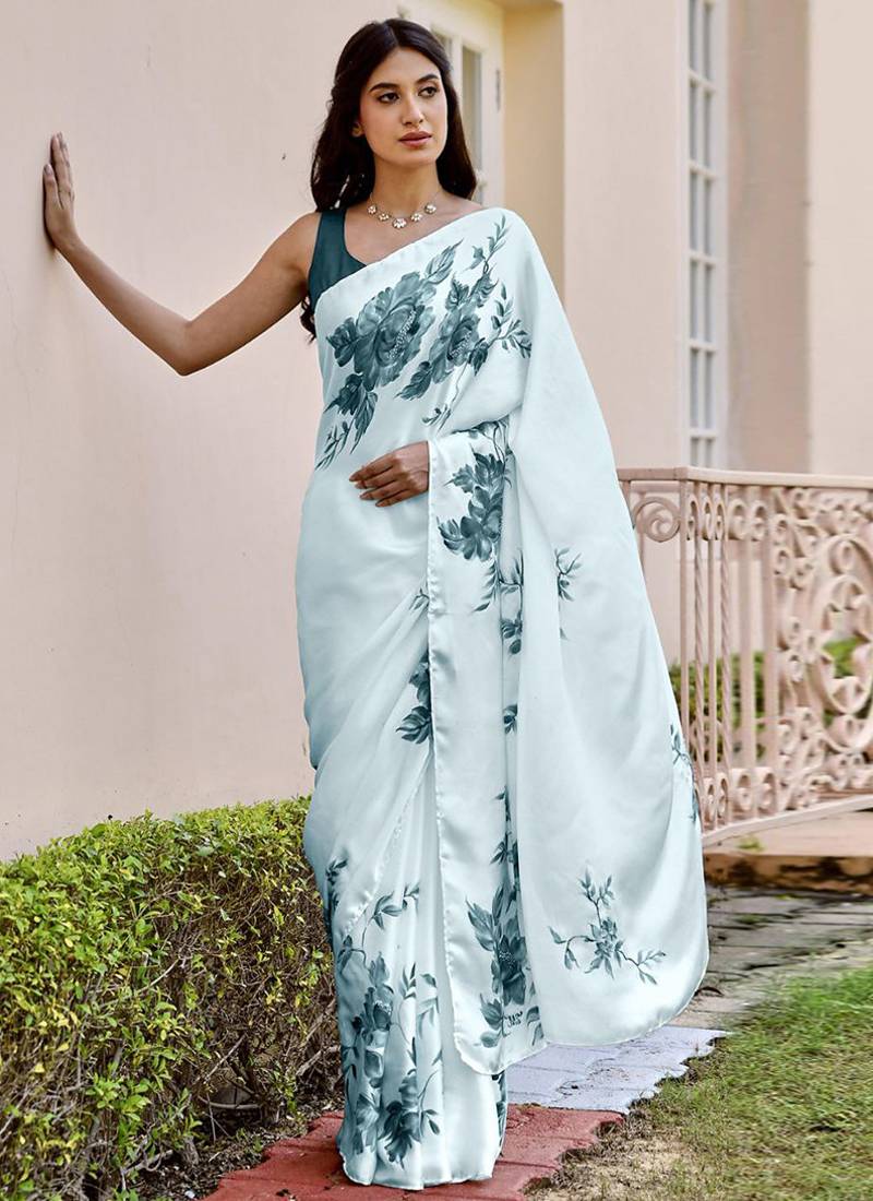 Aqua blue original japan devsena satin saree japan satin digital print blouse