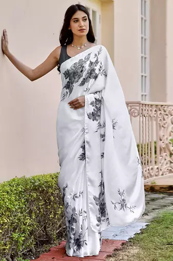 Light grey original japan devsena satin saree japan satin digital print blouse