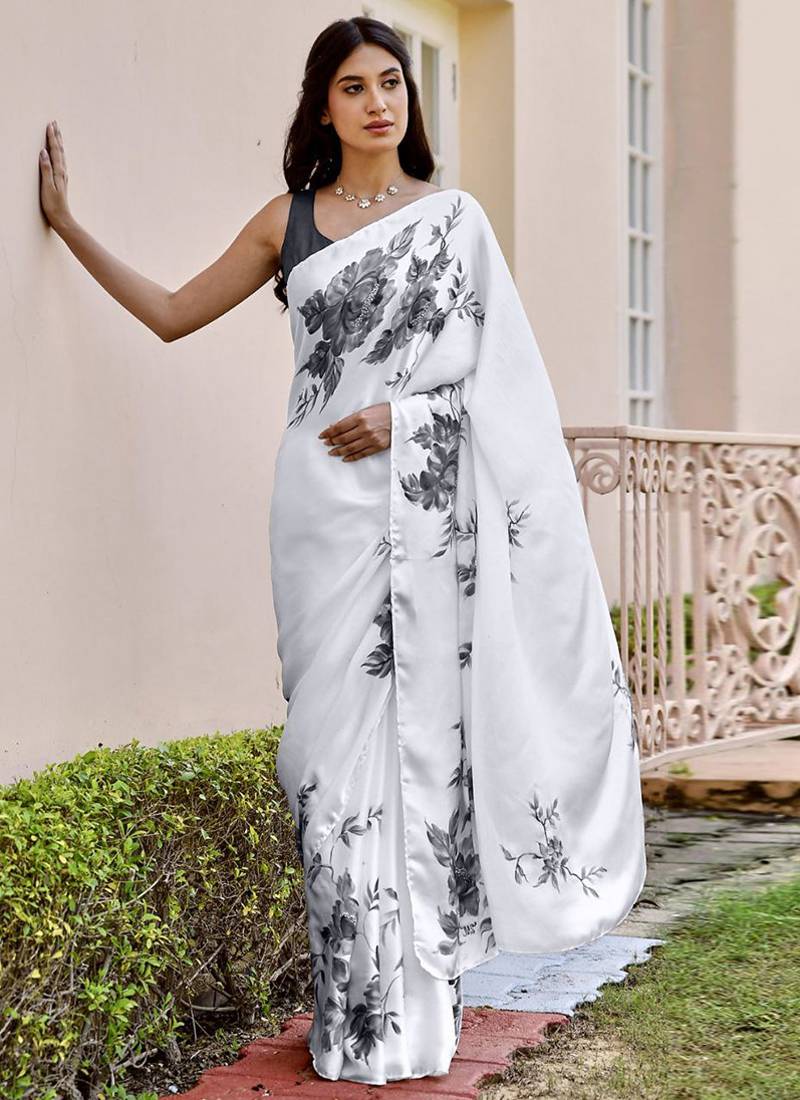 Light grey original japan devsena satin saree japan satin digital print blouse
