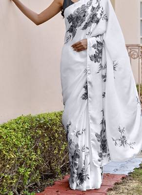 Light grey original japan satin saree with digital print blouse 2