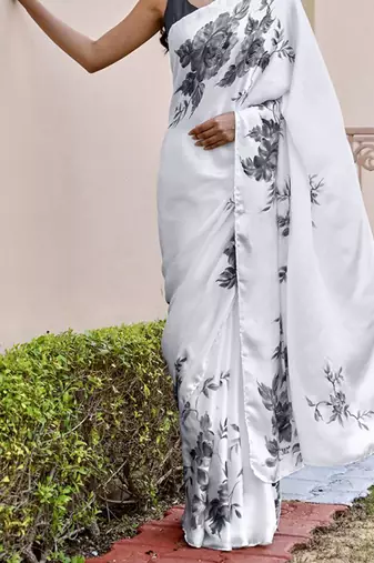 Light grey original japan satin saree with digital print blouse