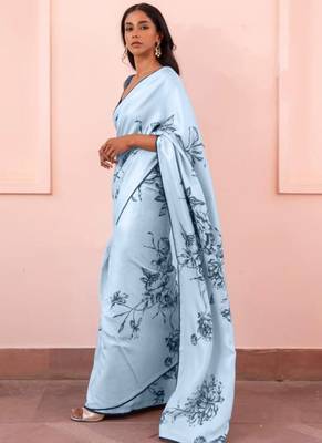 Aqua blue original japan satin saree with digital print blouse 1