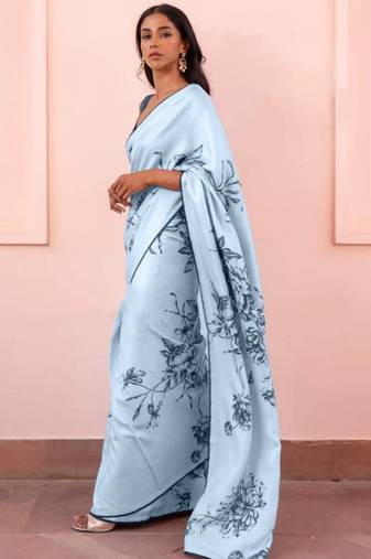 Aqua blue original japan devsena satin saree japan satin digital print blouse