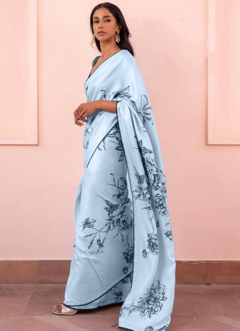 Aqua blue original japan devsena satin saree japan satin digital print blouse