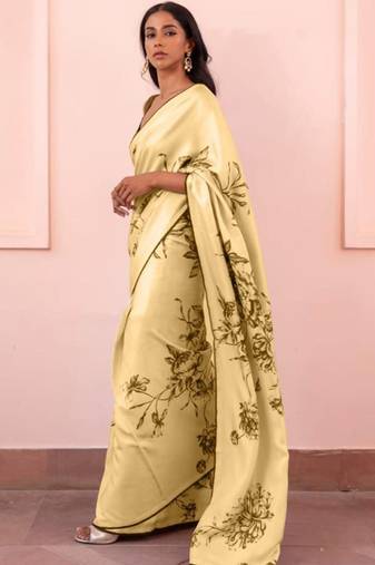 Cream original japan devsena satin saree japan satin digital print blouse