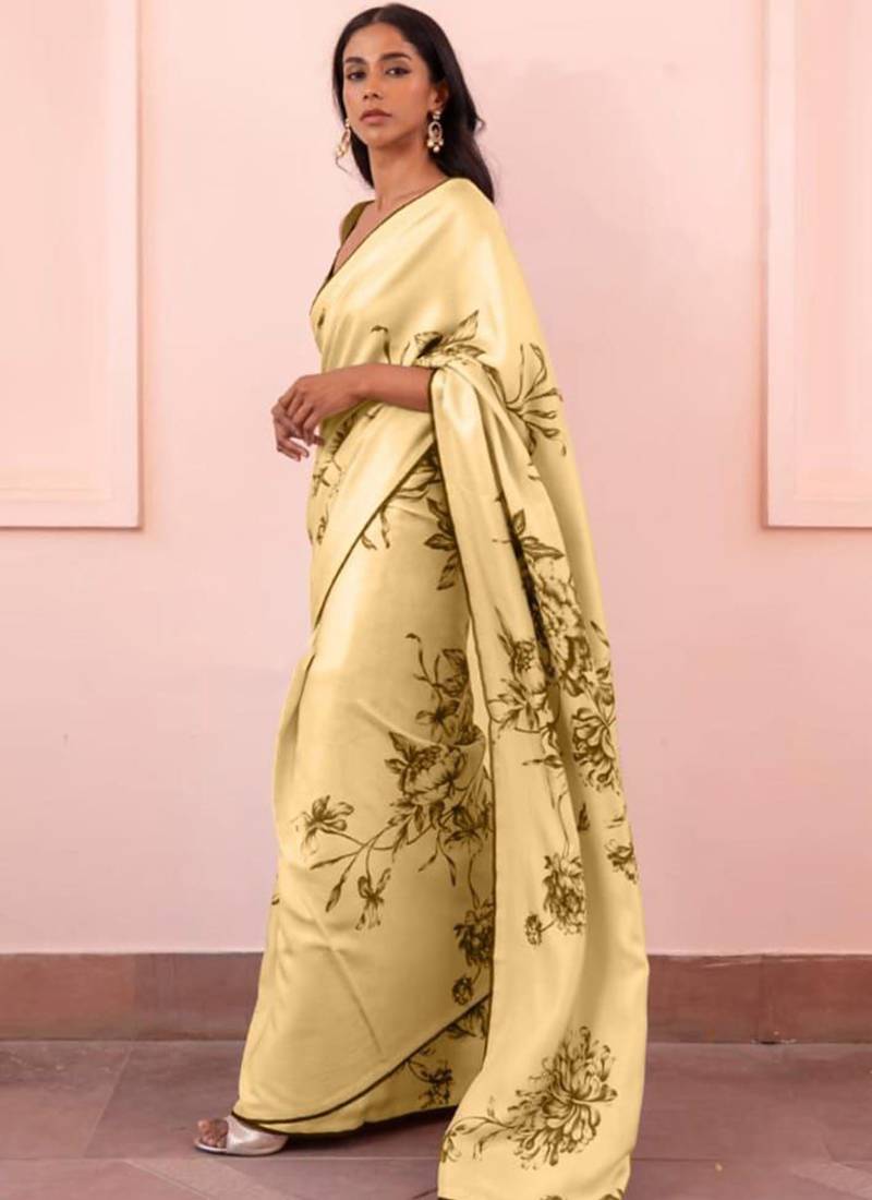 Cream original japan devsena satin saree japan satin digital print blouse