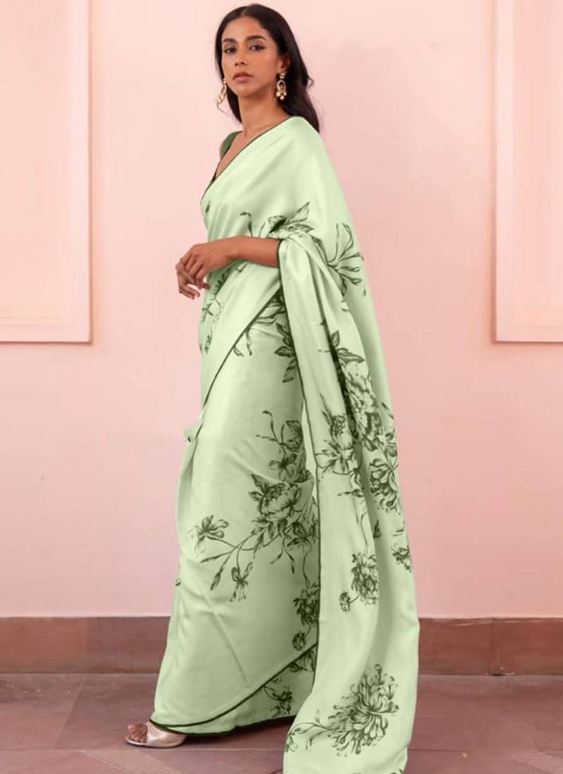 Sea green original japan devsena satin saree japan satin digital print blouse