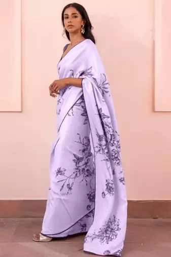 Light lavender original japan devsena satin saree japan satin digital print blouse