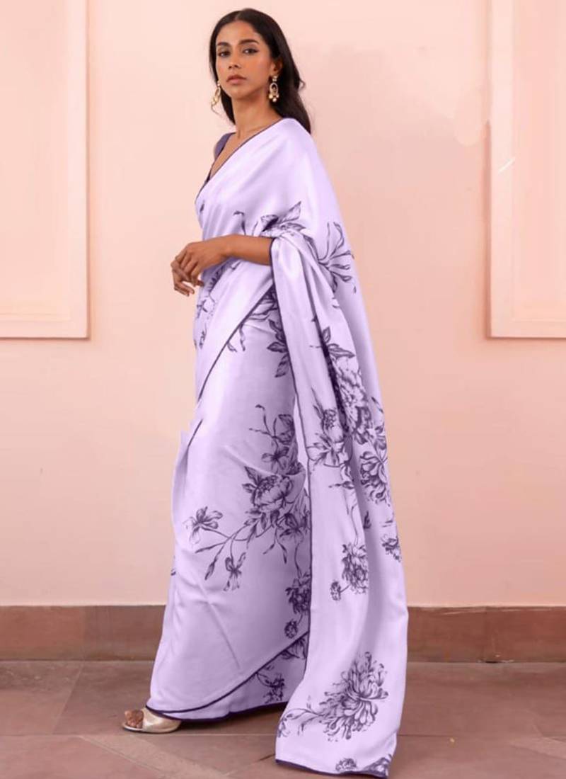 Light lavender original japan devsena satin saree japan satin digital print blouse